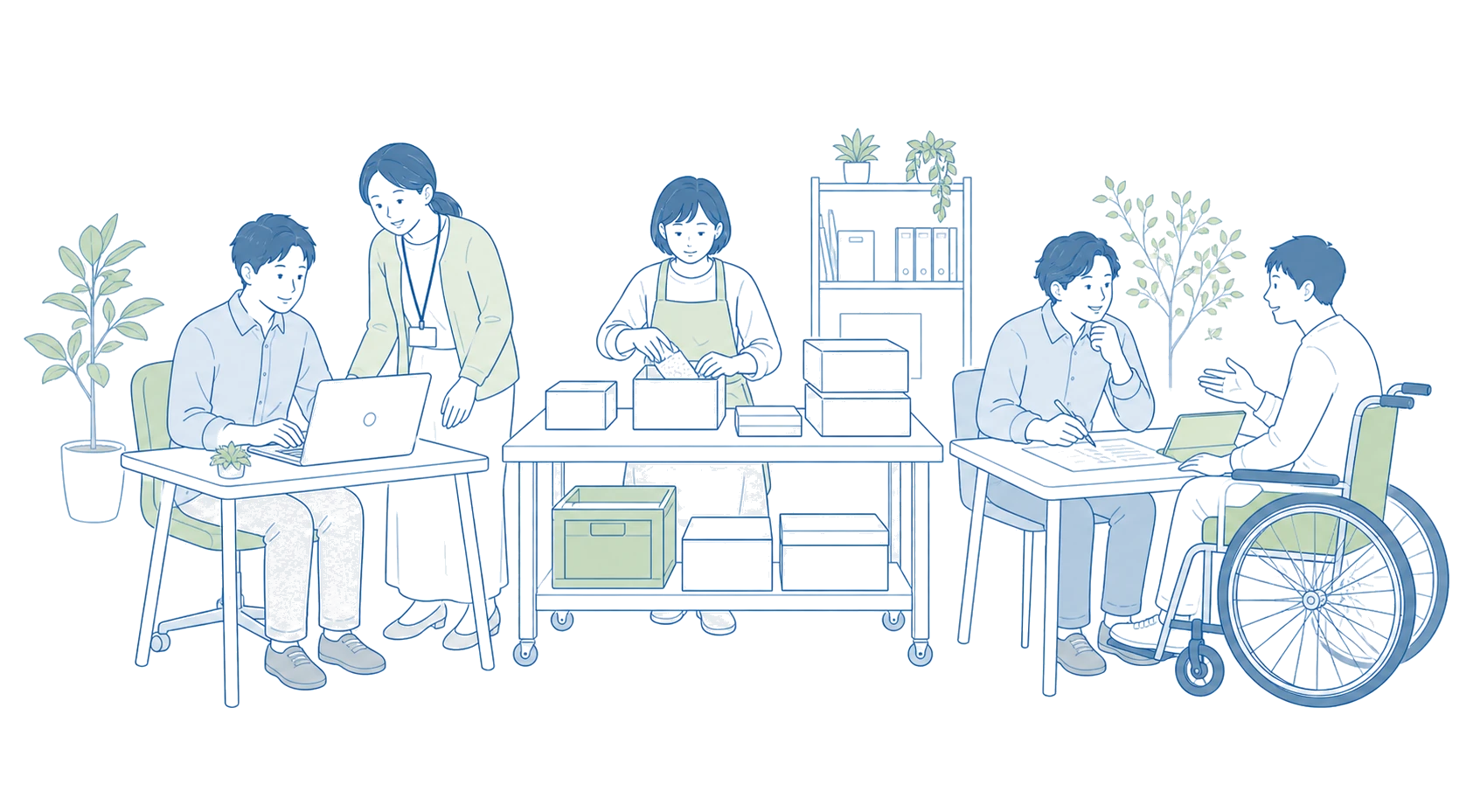 さまざまな仕事に取り組み、相談する人たちのイラスト